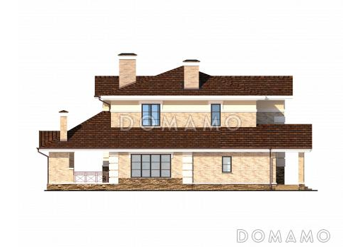 Проект дома с крытой террасой с камином, просторной кухней-столовой, гостиной с камином, сауной на втором этаже / Фасад 4