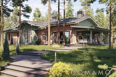 Проект каркасного дома в скандинавском стиле с навесом для двух машин и большой террасой