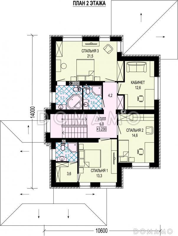 Проект двухэтажного дома  с 4 спальнями, кабинетом, гаражом на 2 машины и квадратной террасой / План 2 этажа