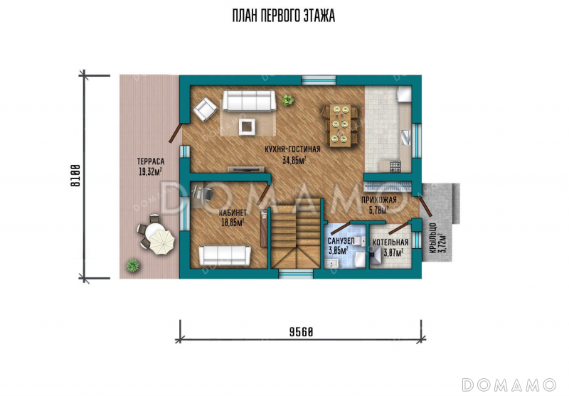 Проект одноэтажного дома с мансардой и просторной террасой / План 1 этажа