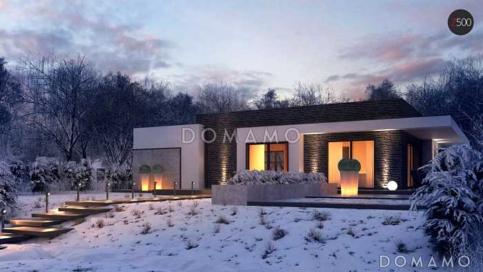 Проект просторного современного одноэтажного углового дома из кирпича с плоской крышей, с гаражом и отделённой спальной зоной Проект просторного современного одноэтажного углового дома из кирпича с плоской крышей, с гаражом и отделённой спальной зоной