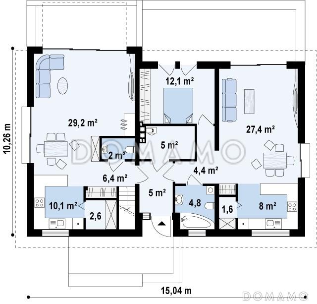 Проект комфортного одноэтажного мансардного дома из кирпича для двух семей / План 1 этажа