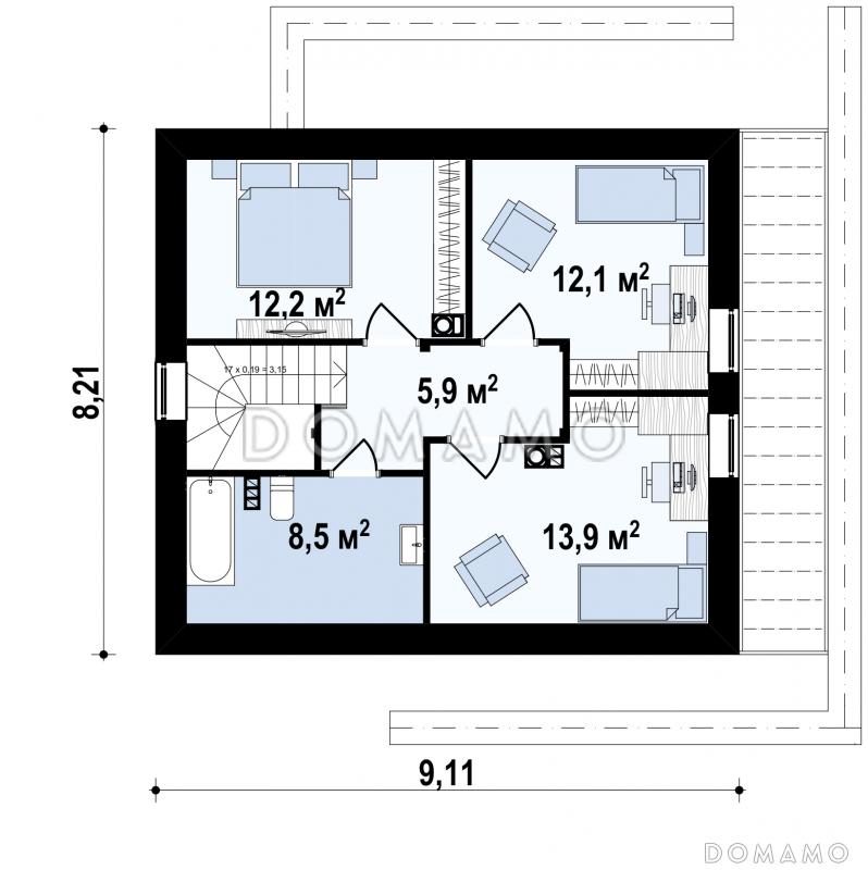 Проект компактного одноэтажного мансардного дома из кирпича с кабинетом и тремя спальнями / План мансардного этажа