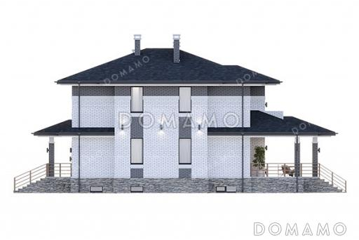 Проект большого двухэтажного дома в стиле Райт с подвалом, большой крытой террасой и балконом на втором этаже / Фасад 1