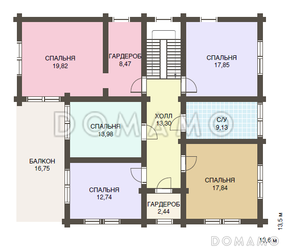 Проект двухэтажного дома из клееного бруса с пятью спальнями / План 2 этажа
