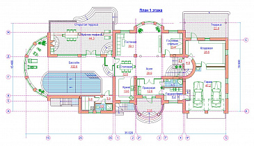 Проект жилого дома с большим бассейном с выходом на террасу / План 1 этажа