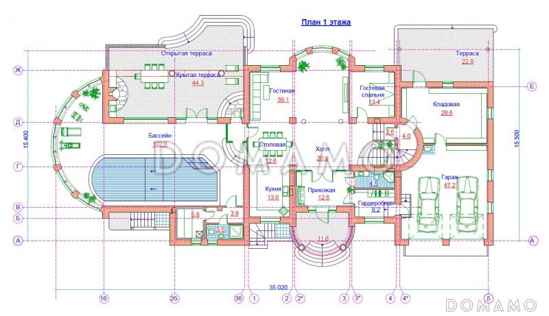 Проект жилого дома с большим бассейном с выходом на террасу / План 1 этажа