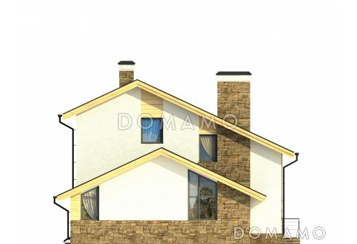 Проект дома с кухней-столовой с выходом на террасу, двумя спальнями на первом этаже, длинным балконом / Фасад 3