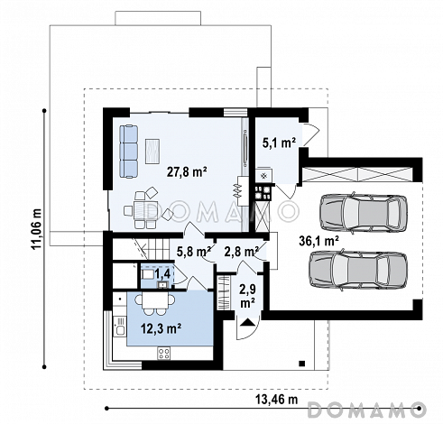 Проект комфортного одноэтажного мансардного дома из газобетона с изолированной кухней, большим гаражом и четырьмя спальнями / План 1 этажа