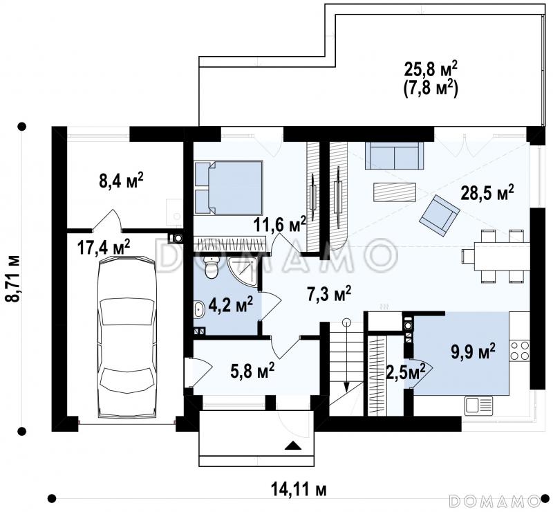 Проект мансардного дома из кирпича с четырьмя спальнями, вторым светом и гаражом / План 1 этажа