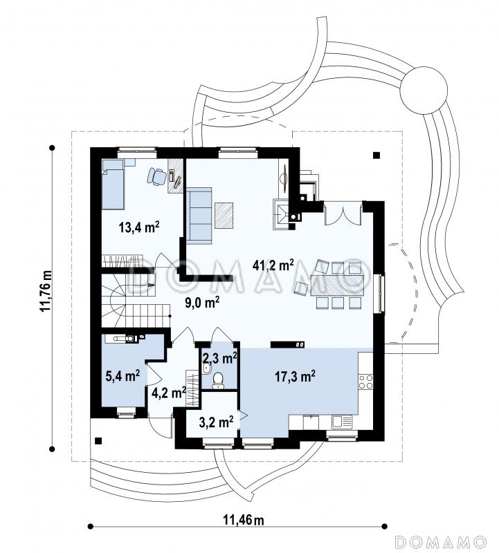 Проект одноэтажного мансардного дома из кирпича с двумя балконами и барбекю на террасе / План 1 этажа