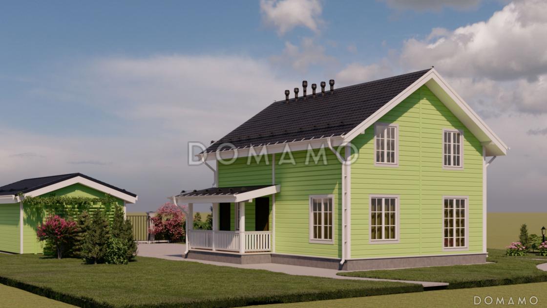 Проект каркасного дома с мансардой, 5 спальнями, гостиной-столовой и крытой террасой / 5