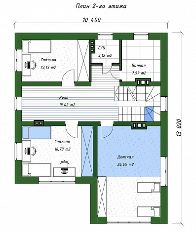 Проект двухэтажного дома с тремя спальнями наверху и одной внизу, крытой террасой и котельной / План 2 этажа