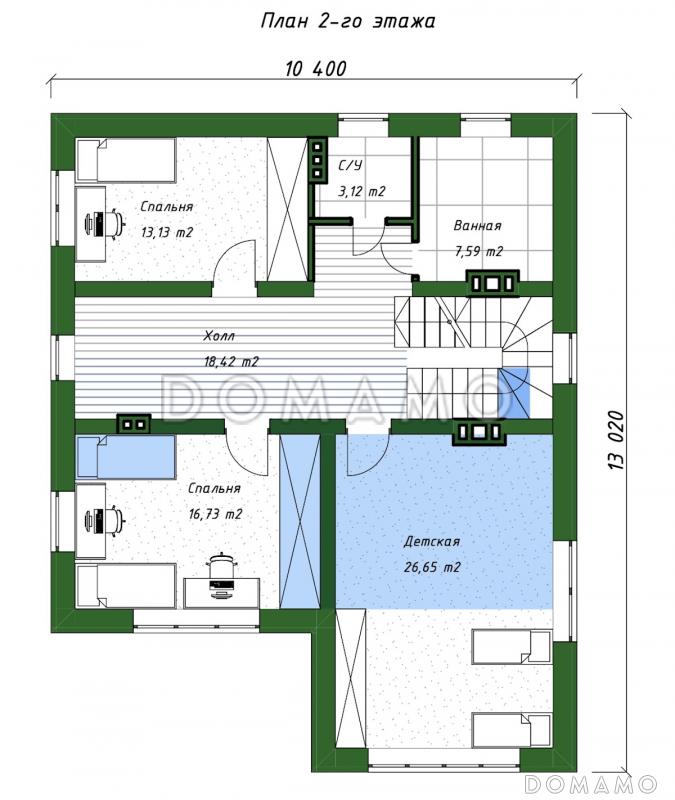 Проект двухэтажного дома с тремя спальнями наверху и одной внизу, крытой террасой и котельной / План 2 этажа