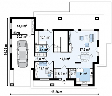 Проект просторного современного двухэтажного дома из кирпича с тремя спальнями, кабинетом, гаражом и сауной / План 1 этажа