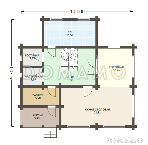 Проект деревянного дома из клееного бруса с большой туалетной комнатой / План 1 этажа