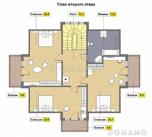 Проект каркасного дома с 4 спальнями / План мансардного этажа Проект каркасного дома с 4 спальнями / План мансардного этажа
