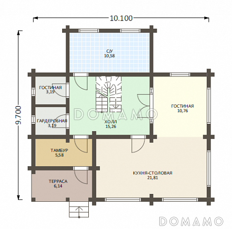 Проект деревянного дома из клееного бруса с большой туалетной комнатой / План 1 этажа Проект деревянного дома из клееного бруса с большой туалетной комнатой / План 1 этажа