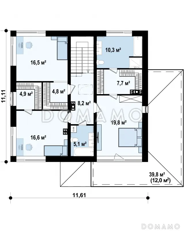 Проект двухэтажного дома с гаражом, мастер-спальней и гардеробными в спальнях / План 2 этажа