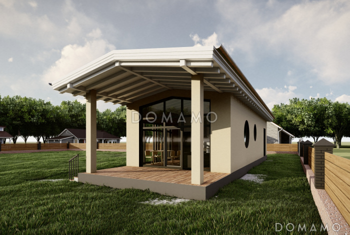 Проект бани с большой комнатой отдыха и крытой террасой Проект бани с большой комнатой отдыха и крытой террасой