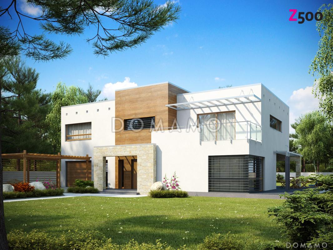 Проект современного двухэтажного дома в стиле хай-тек из газобетона с плоской крышей, гаражом и балконом / 1
