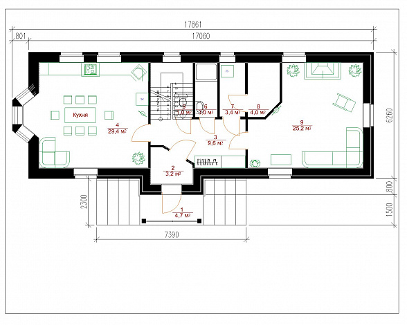 Проект просторного коттеджа из кирпича для узкого участка / План 1 этажа