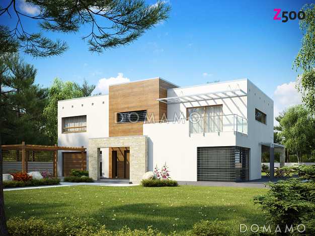 Проект современного двухэтажного дома в стиле хай-тек из газобетона с плоской крышей, гаражом и балконом Проект современного двухэтажного дома в стиле хай-тек из газобетона с плоской крышей, гаражом и балконом