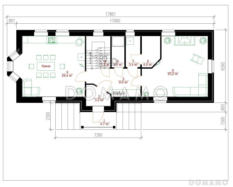 Проект просторного коттеджа из кирпича для узкого участка / План 1 этажа
