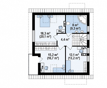 Проект одноэтажного дома с высоким мансардным этажом из газобетона с кабинетом и угловым балконом / План мансардного этажа Проект одноэтажного дома с высоким мансардным этажом из газобетона с кабинетом и угловым балконом / План мансардного этажа