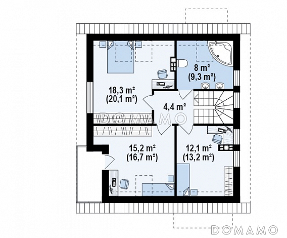 Проект одноэтажного дома с высоким мансардным этажом из газобетона с кабинетом и угловым балконом / План мансардного этажа Проект одноэтажного дома с высоким мансардным этажом из газобетона с кабинетом и угловым балконом / План мансардного этажа