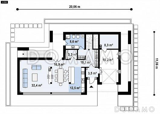 Проект современного двухэтажного дома из кирпича с панорамным остеклением и просторной террасой на втором этаже / План 1 этажа