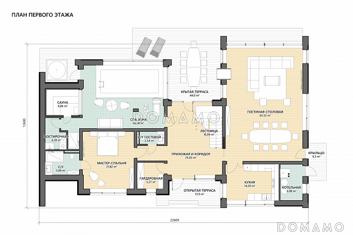 Проект дома с просторной дневной зоной, 4 спальнями, бассейном, сауной и джакузи на террасе / План 1 этажа Проект дома с просторной дневной зоной, 4 спальнями, бассейном, сауной и джакузи на террасе / План 1 этажа