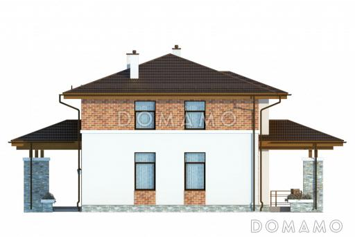 Проект двухэтажного коттеджа с панорамным остеклением на террасу и со вставками красного кирпича / Фасад 4