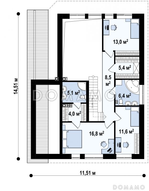Проект дома с террасой, кабинетом, кладовой, вторым светом, мастер-спальней / План мансардного этажа