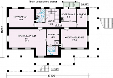 Проект особняка из бруса с цокольным этажем, тренажерным залом и панорамнымии окнами / План цокольного этажа Проект особняка из бруса с цокольным этажем, тренажерным залом и панорамнымии окнами / План цокольного этажа