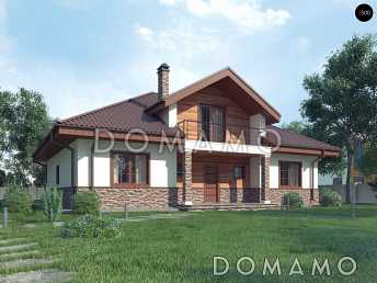 Проект загородного дома с кладовой в кухне, эркером, террасой, балконом