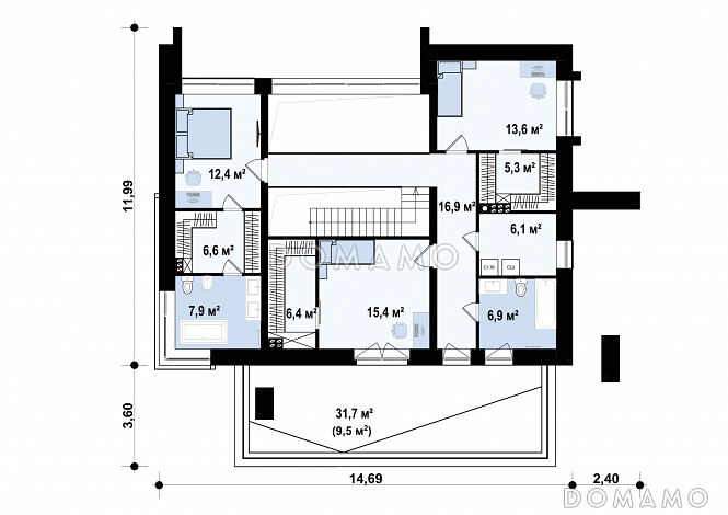 Проект дома из газобетона с кабинетом, гаражом на 2 машины и террасой на втором этаже / План 2 этажа Проект дома из газобетона с кабинетом, гаражом на 2 машины и террасой на втором этаже / План 2 этажа