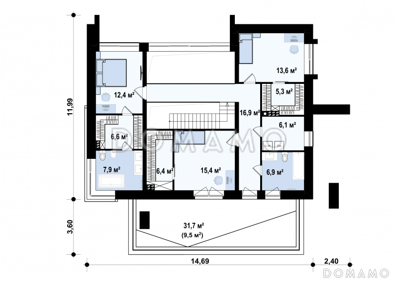 Проект дома из газобетона с кабинетом, гаражом на 2 машины и террасой на втором этаже / План 2 этажа