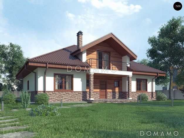 Проект загородного дома с кладовой в кухне, эркером, террасой, балконом