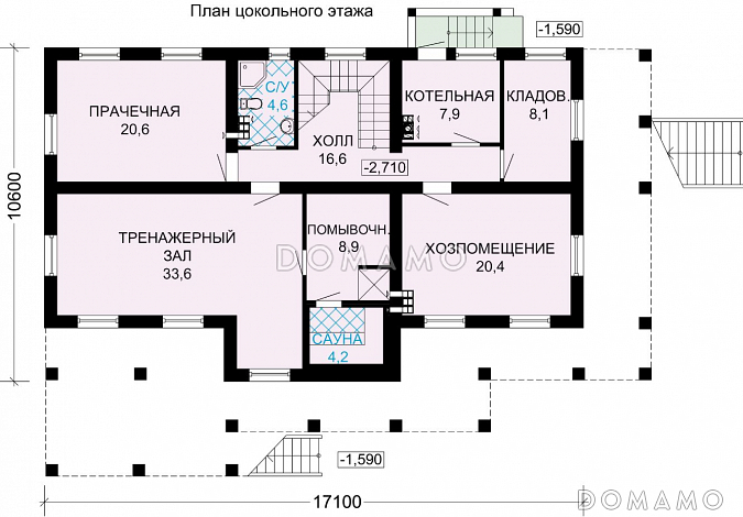 Проект особняка из бруса с цокольным этажем, тренажерным залом и панорамнымии окнами / План цокольного этажа Проект особняка из бруса с цокольным этажем, тренажерным залом и панорамнымии окнами / План цокольного этажа
