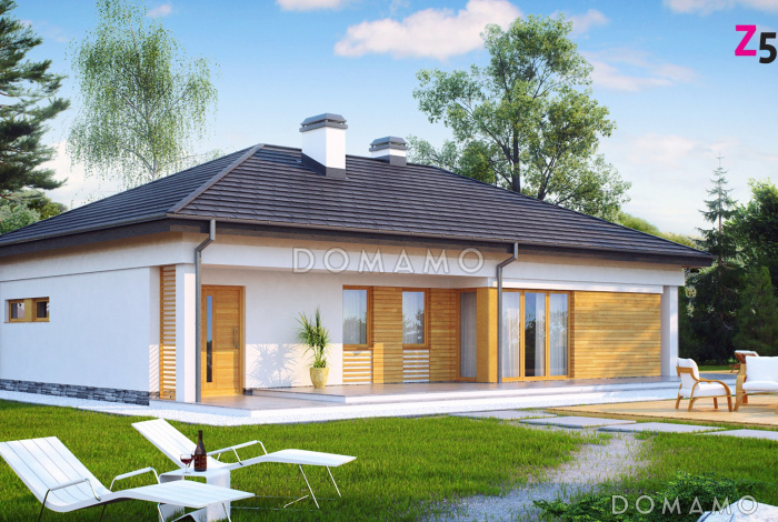 Проект одноэтажного дома из кирпича с дневной зоной в тыльной части дома и выходом на большую террасу и гаражом на два автомобиля