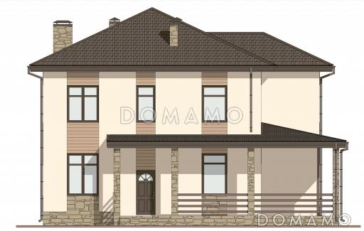 Проект двухэтажного дома с тремя спальнями наверху и одной внизу, крытой террасой и котельной / Фасад 2