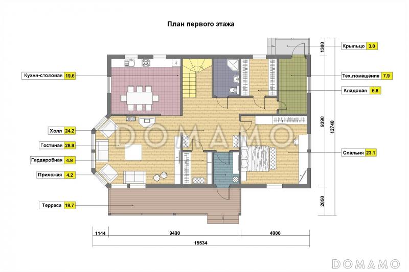 Проект кирпичного дома с постирочной на мансардном этаже / План 1 этажа