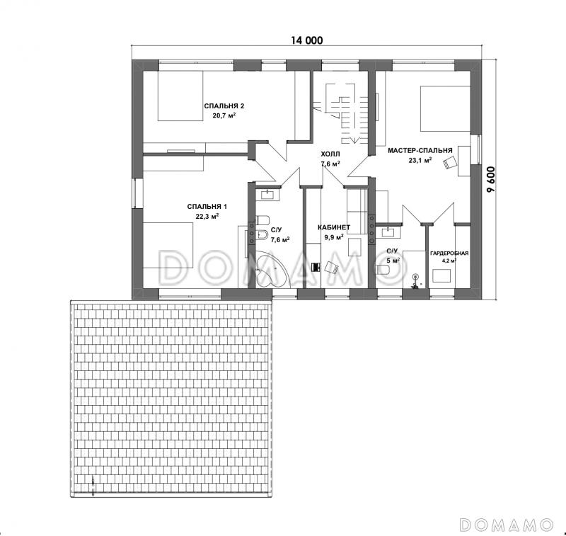 Проект двухэтажного дома с большими спальнями, гостевой комнатой и просторной гостиной / План 2 этажа