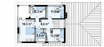 Проект современного двухэтажного дома из кирпича с четырьмя комнатами, большим гаражом, террасой и балконом / План 2 этажа