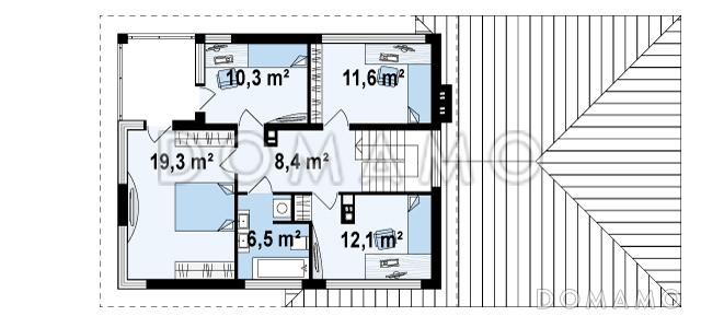 Проект современного двухэтажного дома из кирпича с четырьмя комнатами, большим гаражом, террасой и балконом / План 2 этажа