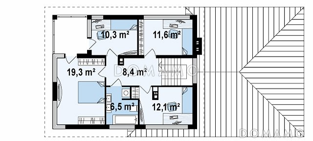 Проект современного двухэтажного дома из кирпича с четырьмя комнатами, большим гаражом, террасой и балконом / План 2 этажа