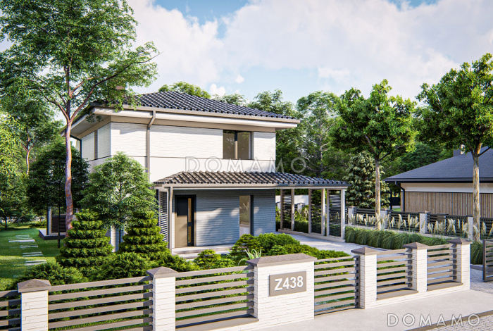 Проект двухэтажного дома с кабинетом, объединенной кухней и гостиной, террасой, спальнями на втором этаже