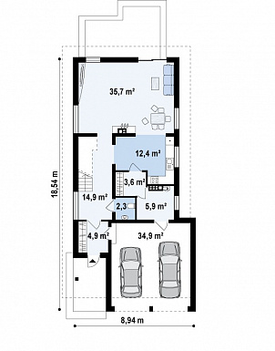 Проект одноэтажного мансардного дома из кирпича с гаражом на два автомобиля и террасой над гаражом / План 1 этажа