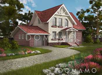 Проект загородного дома под красной кровлей с вторым светом, террасой и гаражом Проект загородного дома под красной кровлей с вторым светом, террасой и гаражом